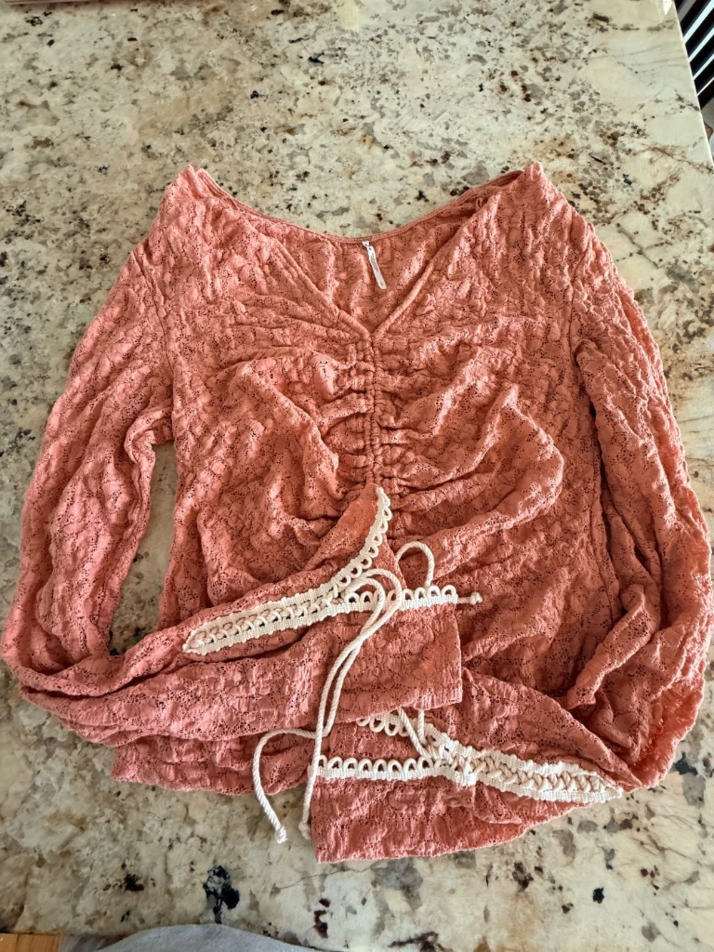 Free People Lilah Lace Crochet Tie Scrunch Long Sleeve Top - Pink Size Large
